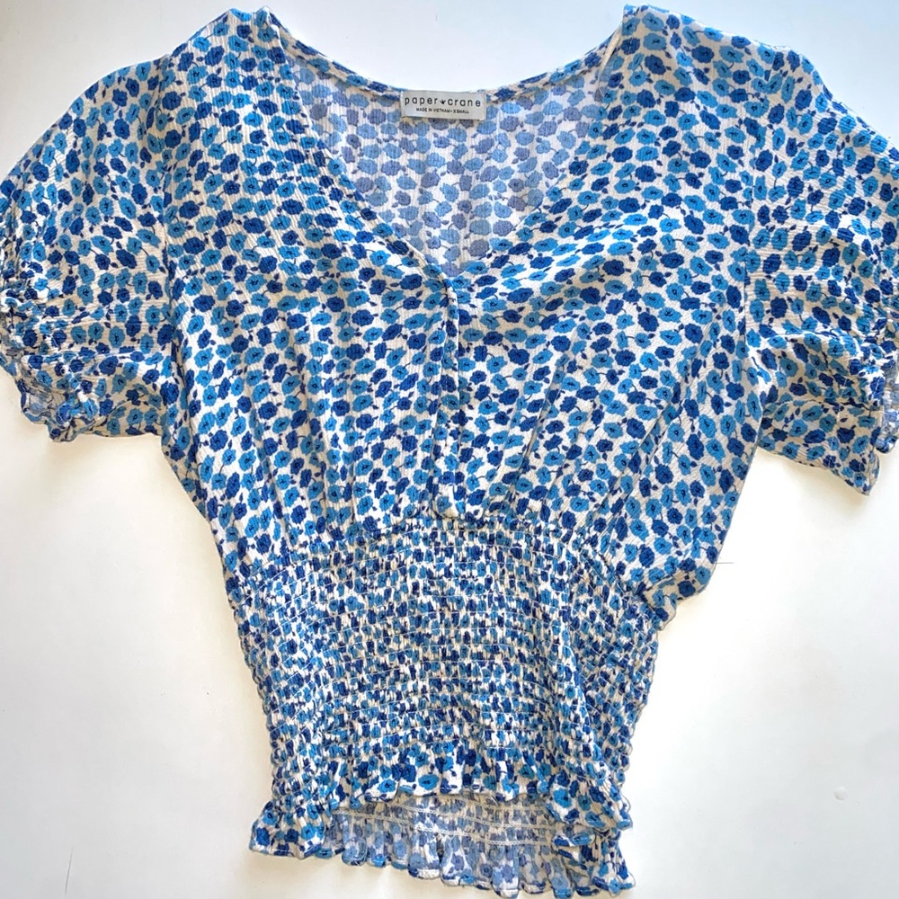 White and Blue Floral Cropped Tee